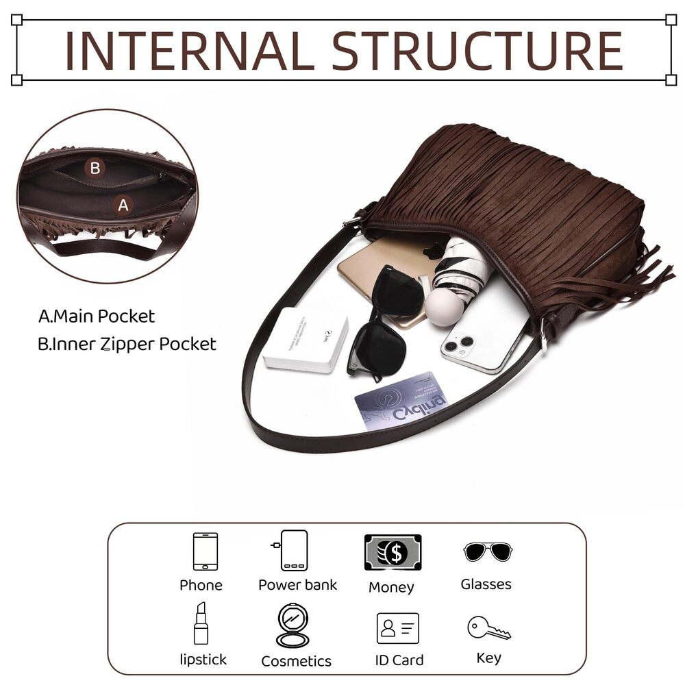 4202 Fringe Shoulder Bag Underarm Suede Western Hobo Purses and Handbags - Picture 5 of 7